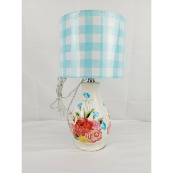 The Pioneer Woman Sweet Rose Table Lamp Blue Gingham Shade plaid Flowers NEW - Picture 6 of 7